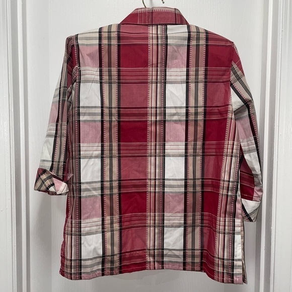 Allison Daley Petite Shirt Collar Button Up Plaid Stripe 3/4 Flip Split Cuff Top - Picture 4 of 12